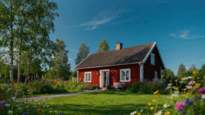 A vibrant red swedish cottage with white trim stands in a blooming garden under a bright sky.