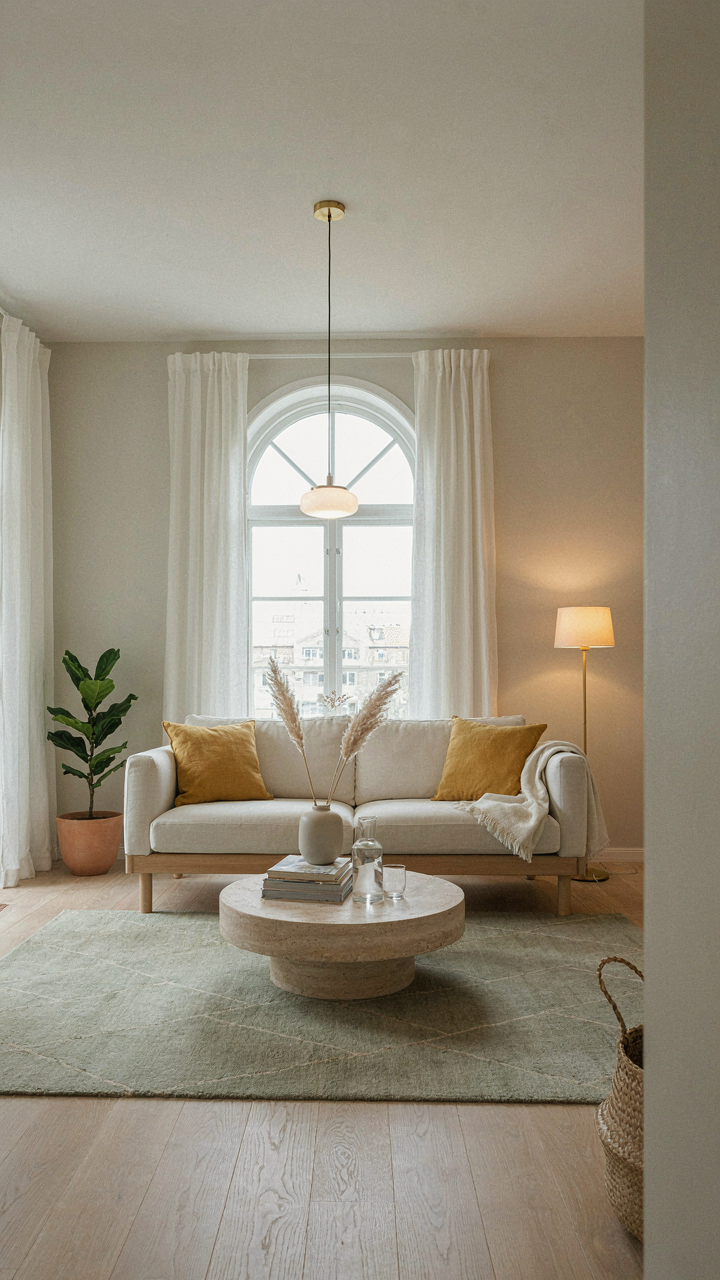 A large mirror on a cream wall reflects light onto a light wood floor.