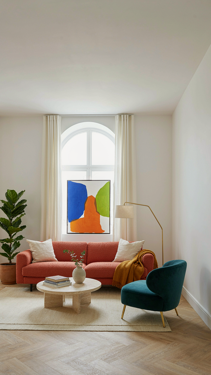 A minimalist living room with a large, worn wood dining table and ceramic bowl.