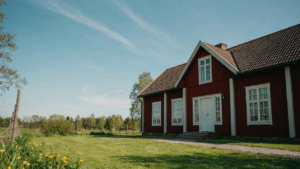Classic Swedish farmhouse with bright red walls and contrasting pale window trim.