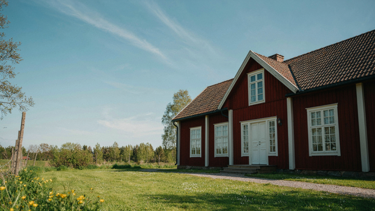 Classic Swedish farmhouse with bright red walls and contrasting pale window trim.