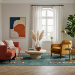 A sunlit Swedish farmhouse interior living room with time-worn wood floors.