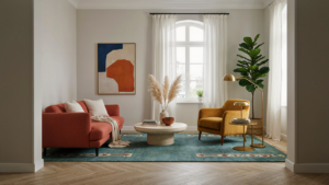 A sunlit Swedish farmhouse interior living room with time-worn wood floors.