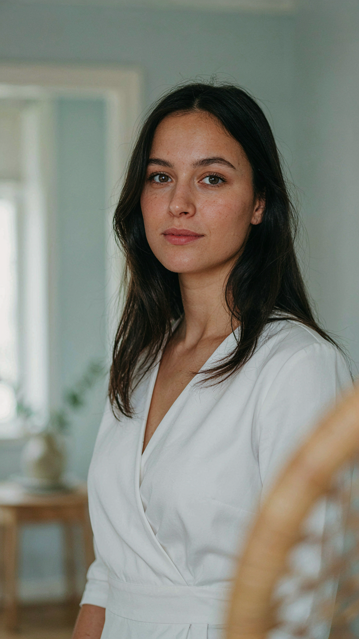 A woman in a white dress stands in a blurred swedish cottage interior.