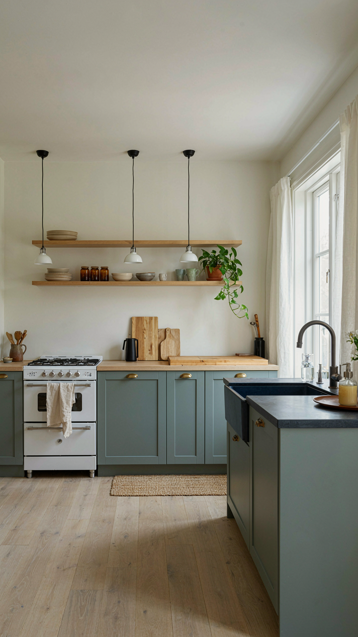 A functional swedish cottage kitchen with a clear work triangle.