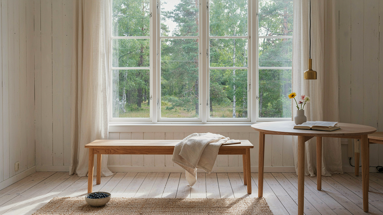 A bright, serene swedish summer house interior with white walls and natural light.