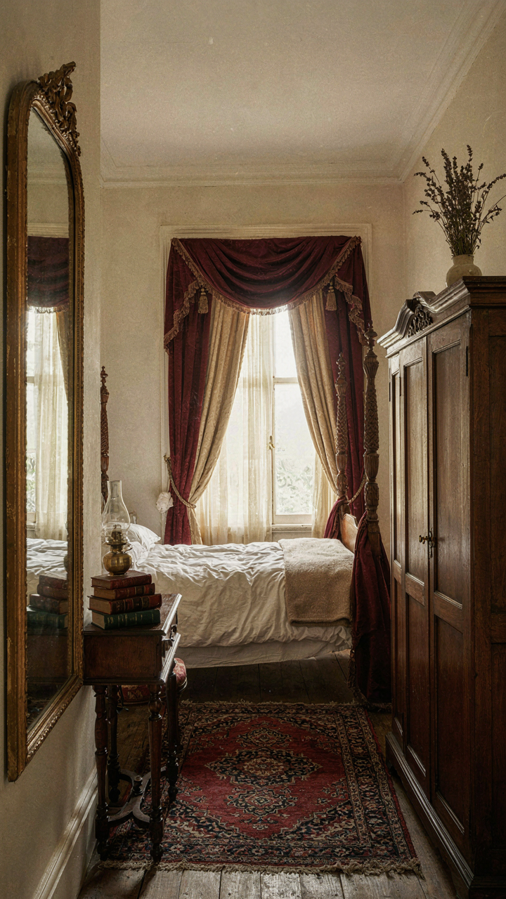 An ornate pier mirror reflects heavy drapes, balancing a large wardrobe.
