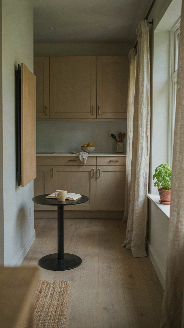 A wall-mounted fold-down table neatly tucked against a wall in a tiny kitchen.