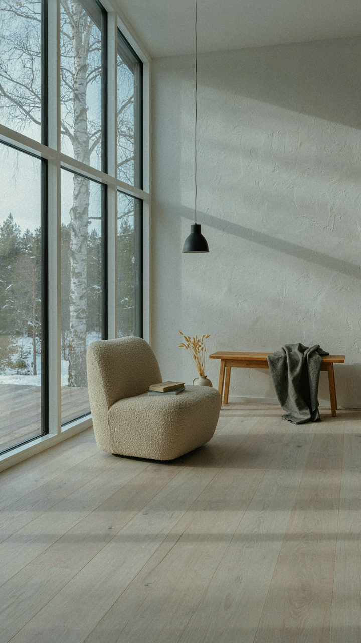 Large windows flood a nordic cabin interior with natural light.