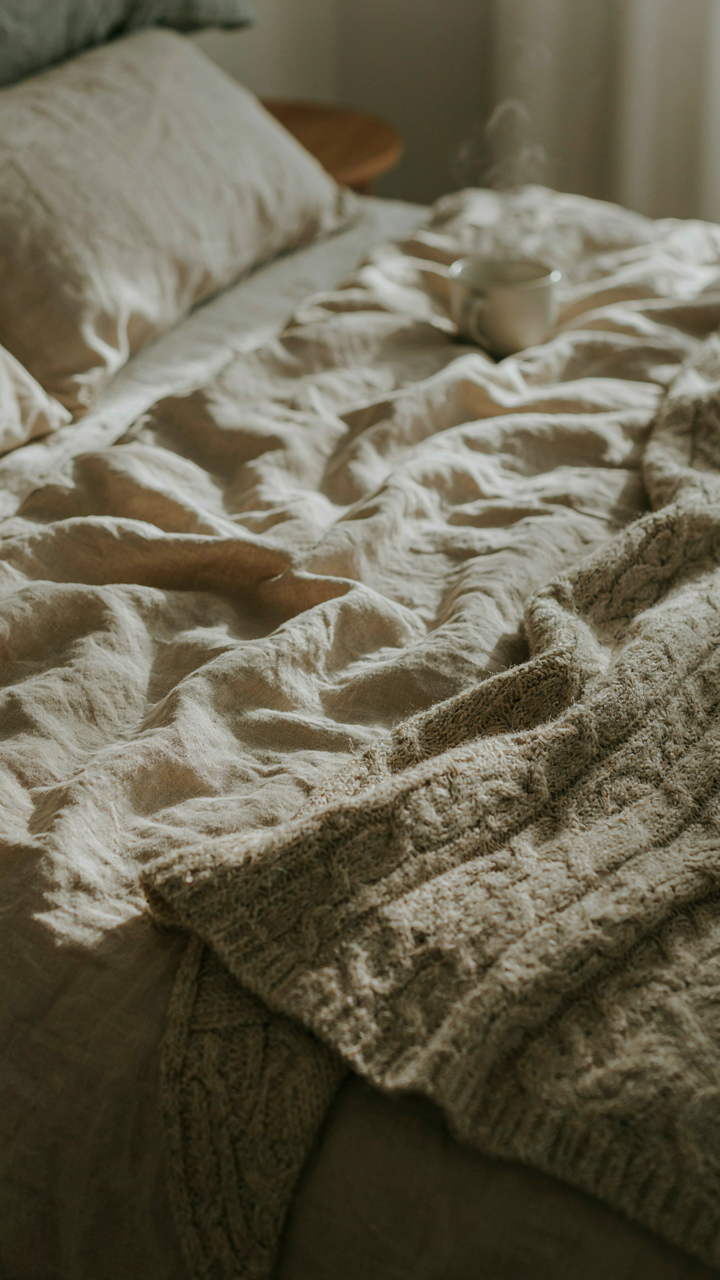 Rumpled linen sheets and a wool blanket show rich textures on a bed.
