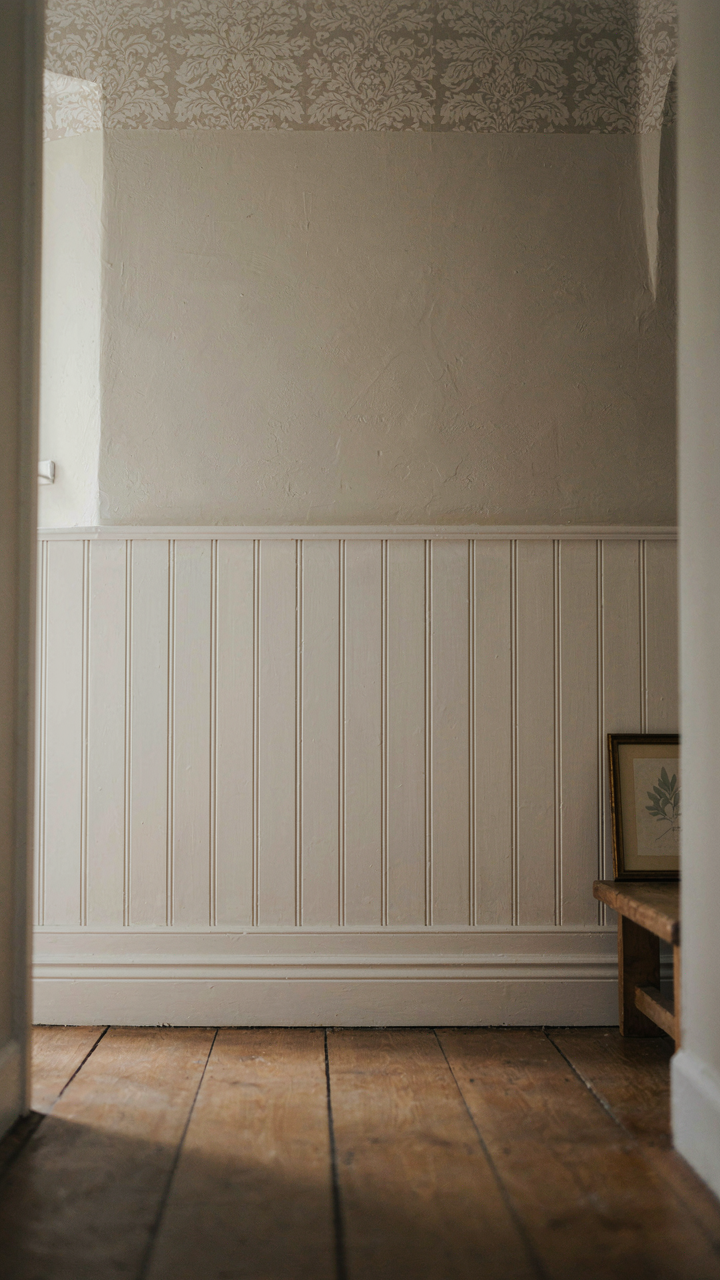 A cottage hallway wall with beadboard, smooth plaster, and textured wallpaper.