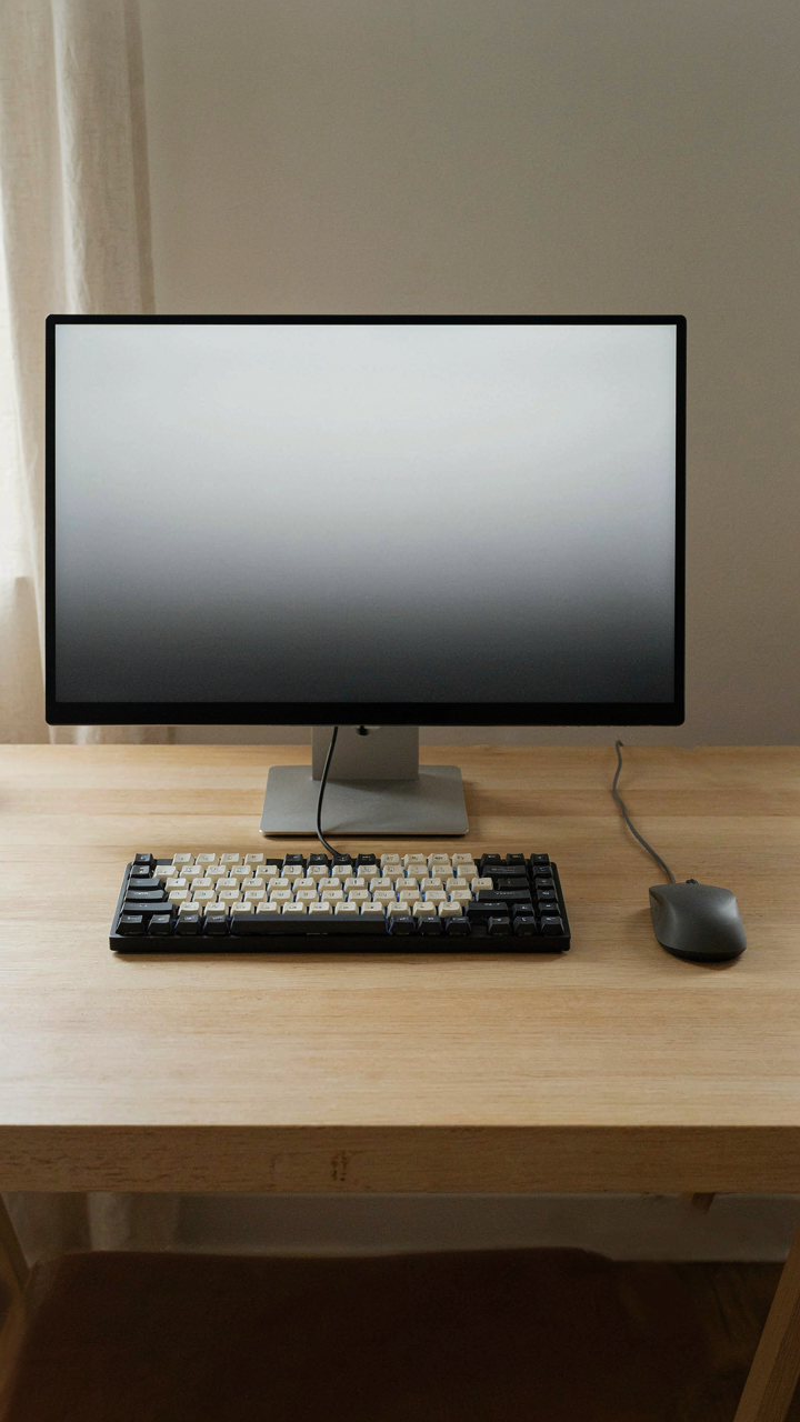 A monitor with a grayscale display, keyboard, and mouse.