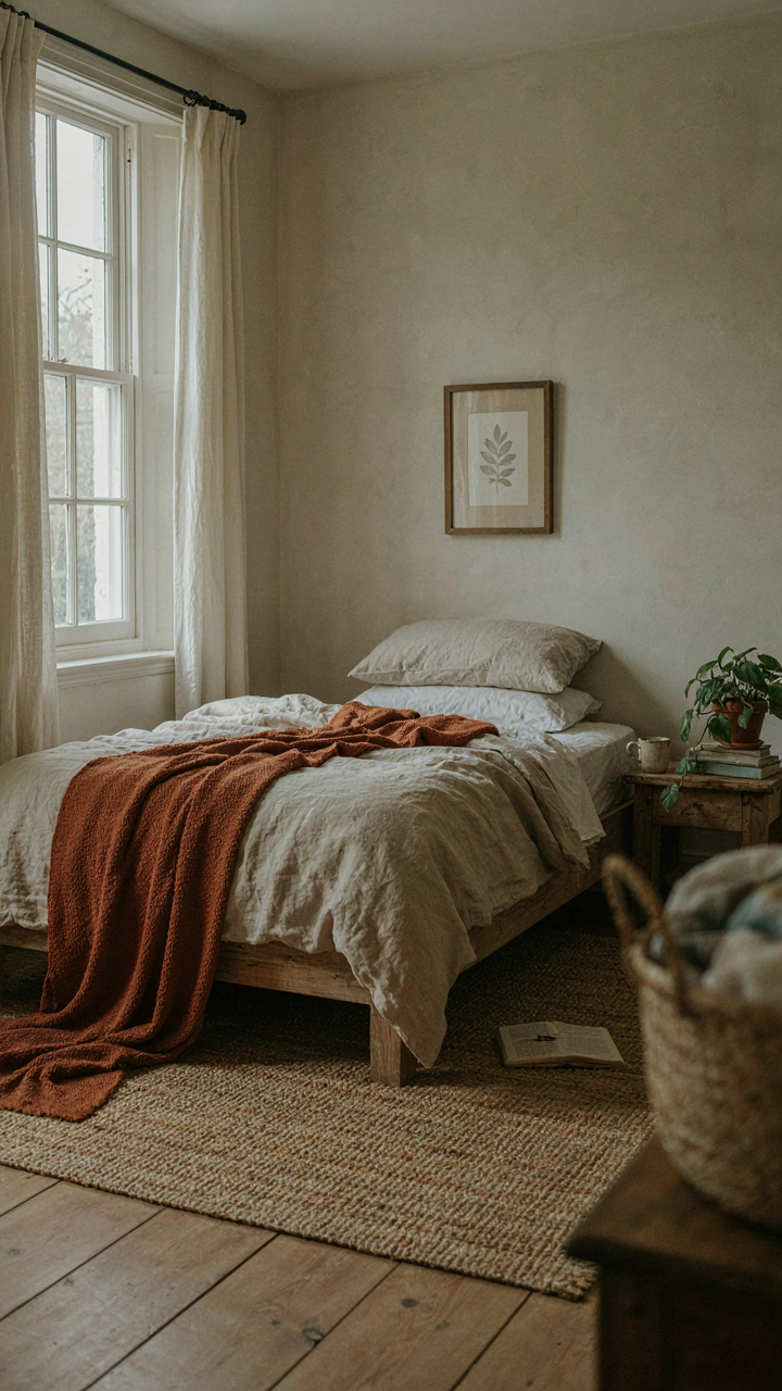 A bed with layered linen, cotton, and wool textiles, with a rug.