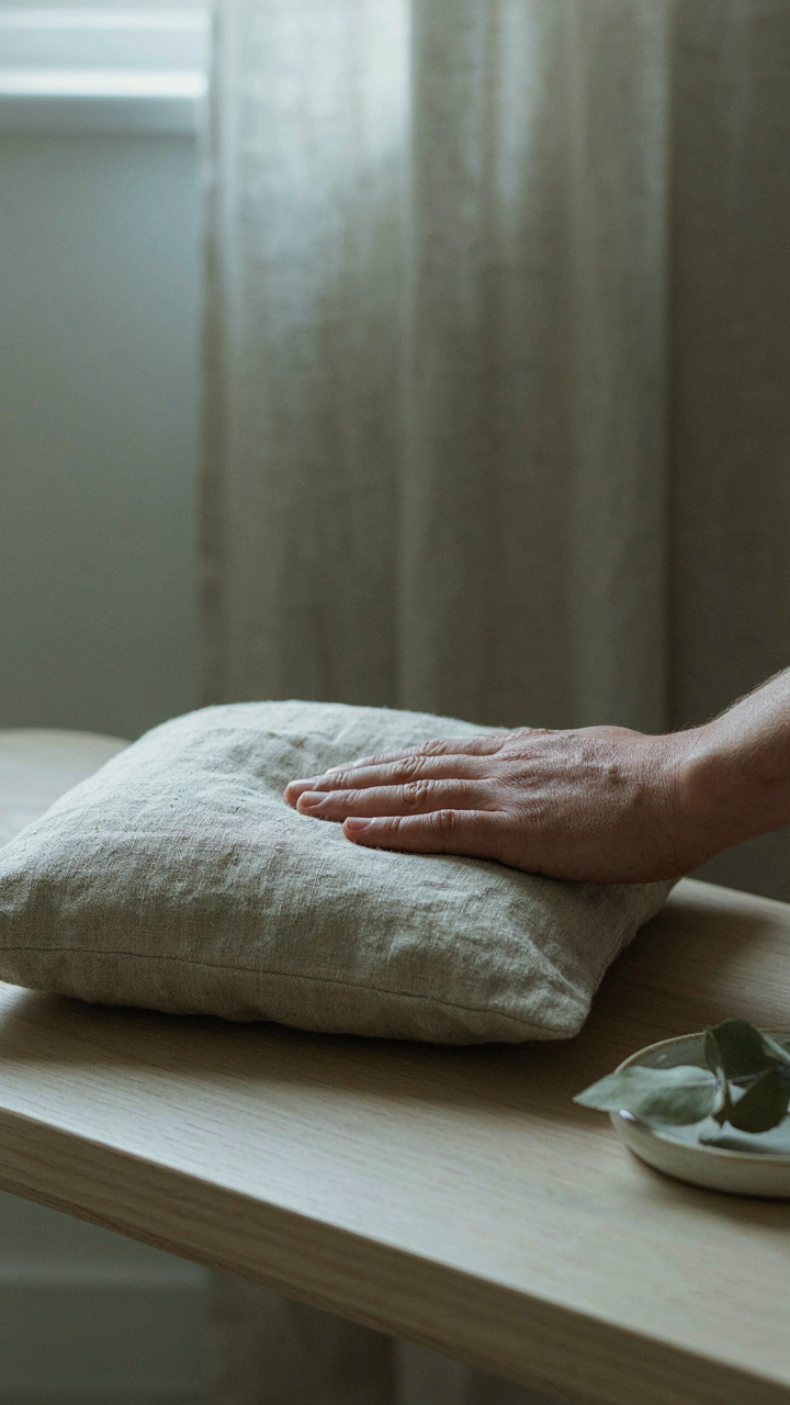A hand feels a rough linen cushion on a pale wood bench.