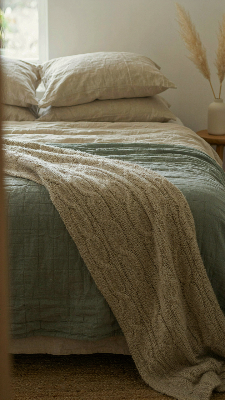 A bed displaying layered textures of linen sheets, a cotton quilt, and a wool blanket.