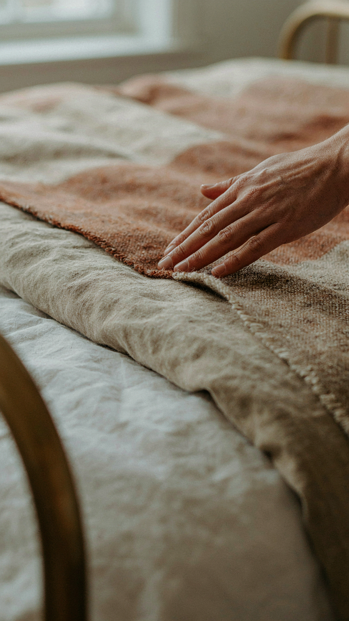 A hand gently touches layers of bedding, including a cotton sheet, linen, and wool quilt.