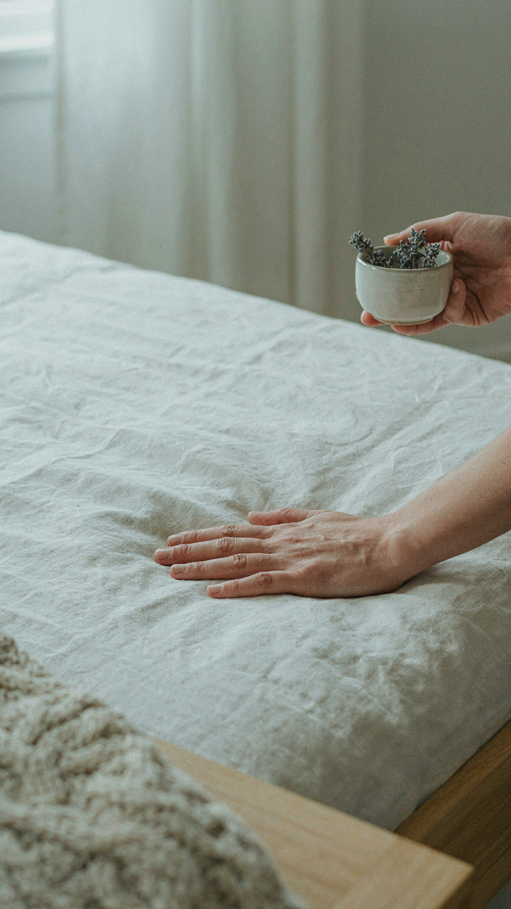 Hand feeling a crisp linen sheet, showing its natural texture and weave.