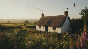 A beautiful thatched roof cottage with flowers in a green countryside.