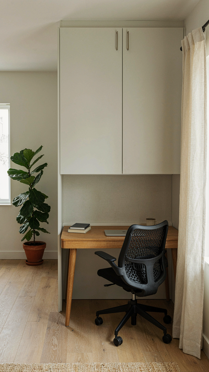 A murphy bed folded up to reveal a compact desk and office space in a small room.