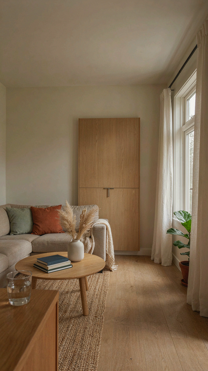 A modern Murphy bed folded into a wall, showing a spacious living area.