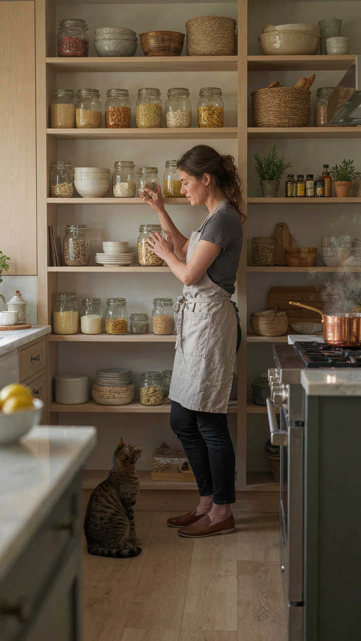 A well-organized pantry located very close to a kitchen cooking range.