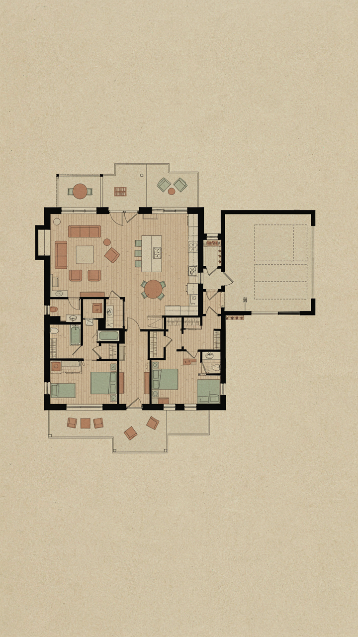 A detailed 1500 sq ft cottage house plan with garage showing efficient layout.