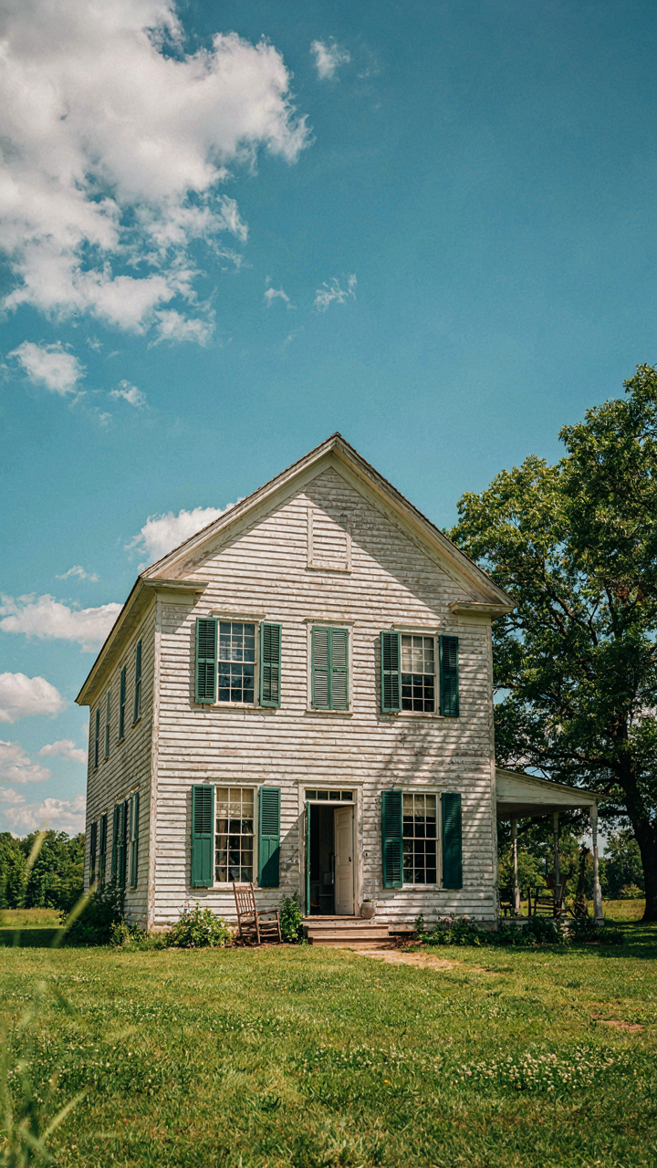 An old two story farmhouse with open windows for cross-ventilation.
