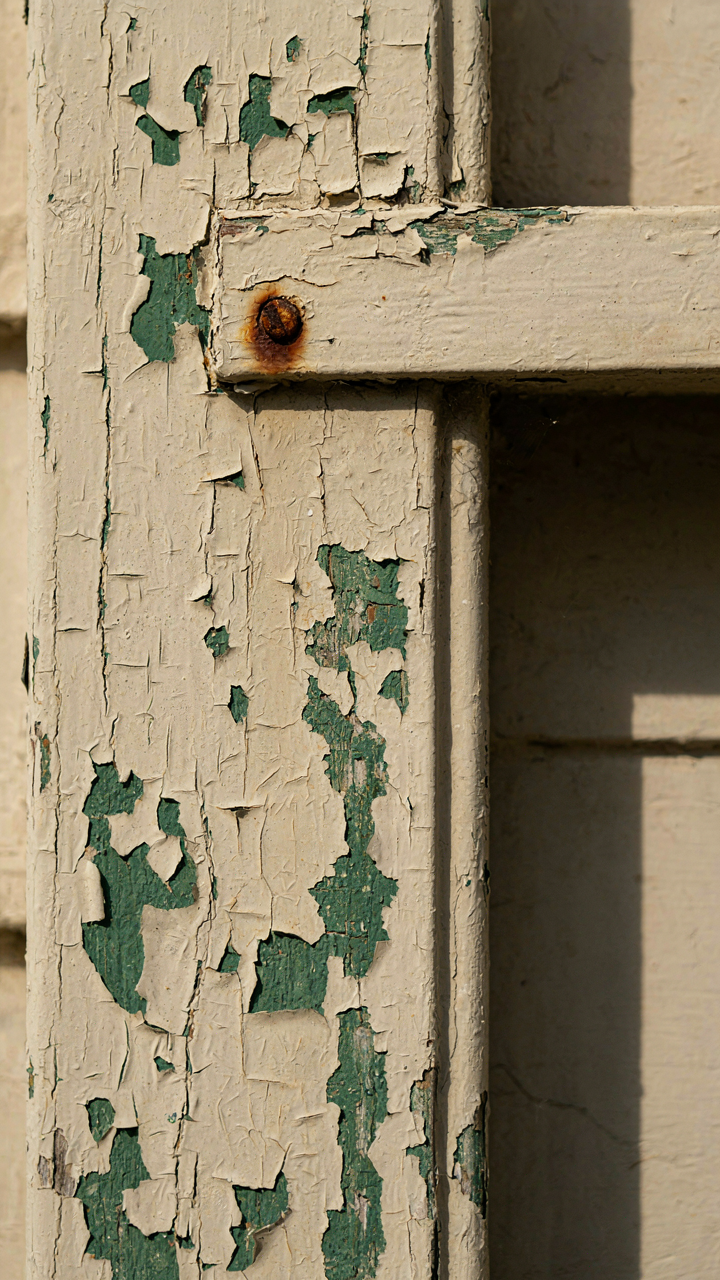 Faded paint on a 1920s bungalow trim shows an original color.