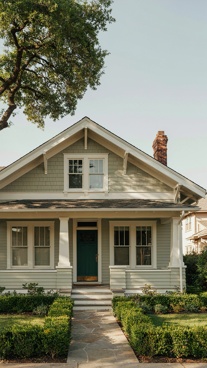 A 1920s craftsman bungalow with simple rooflines and board-and-batten siding.