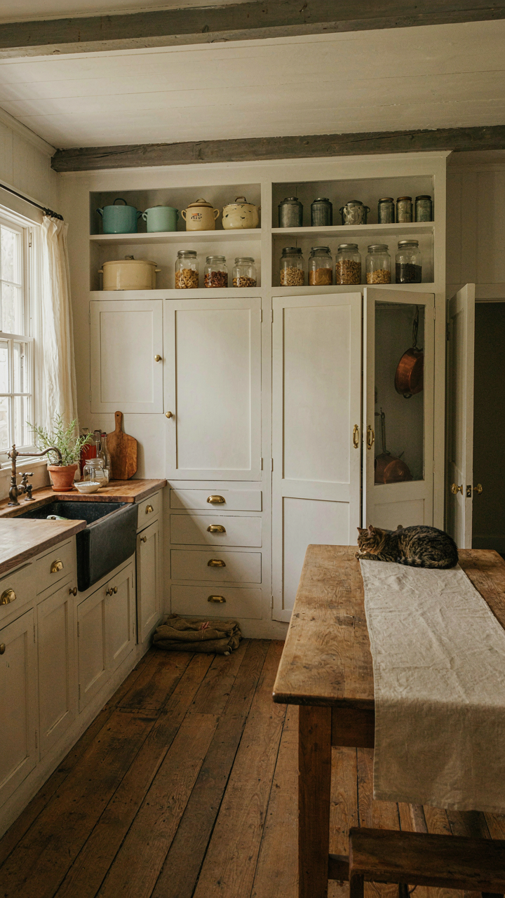 A 1940s cottage kitchen with a built-in pantry maximizing space.