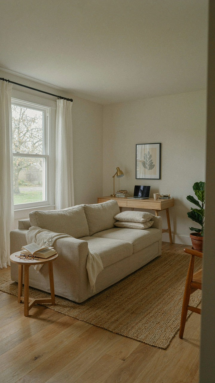 A versatile second bedroom in a one story cottage plan serves as office and guest room.