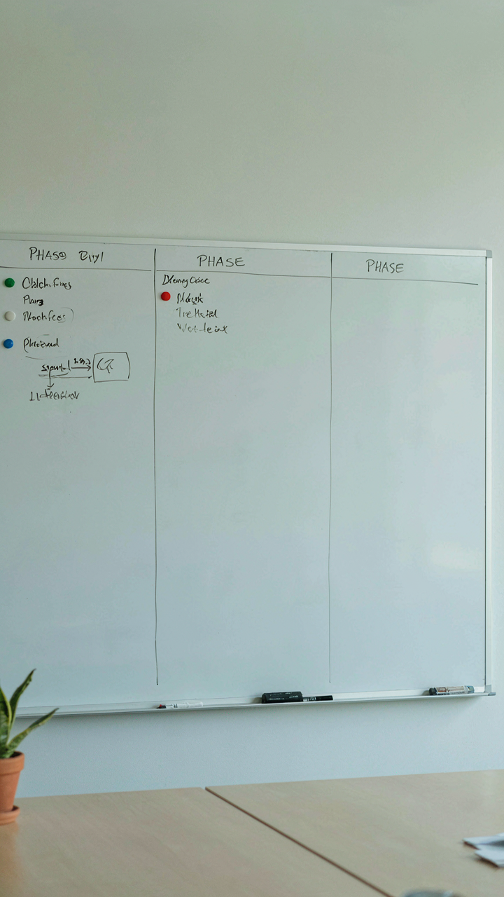 A blank three-phase project timeline on a whiteboard with one phase started.