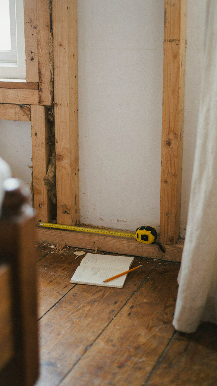 A tape measure stretches across a wall, marking measurements in a tiny cottage bedroom.