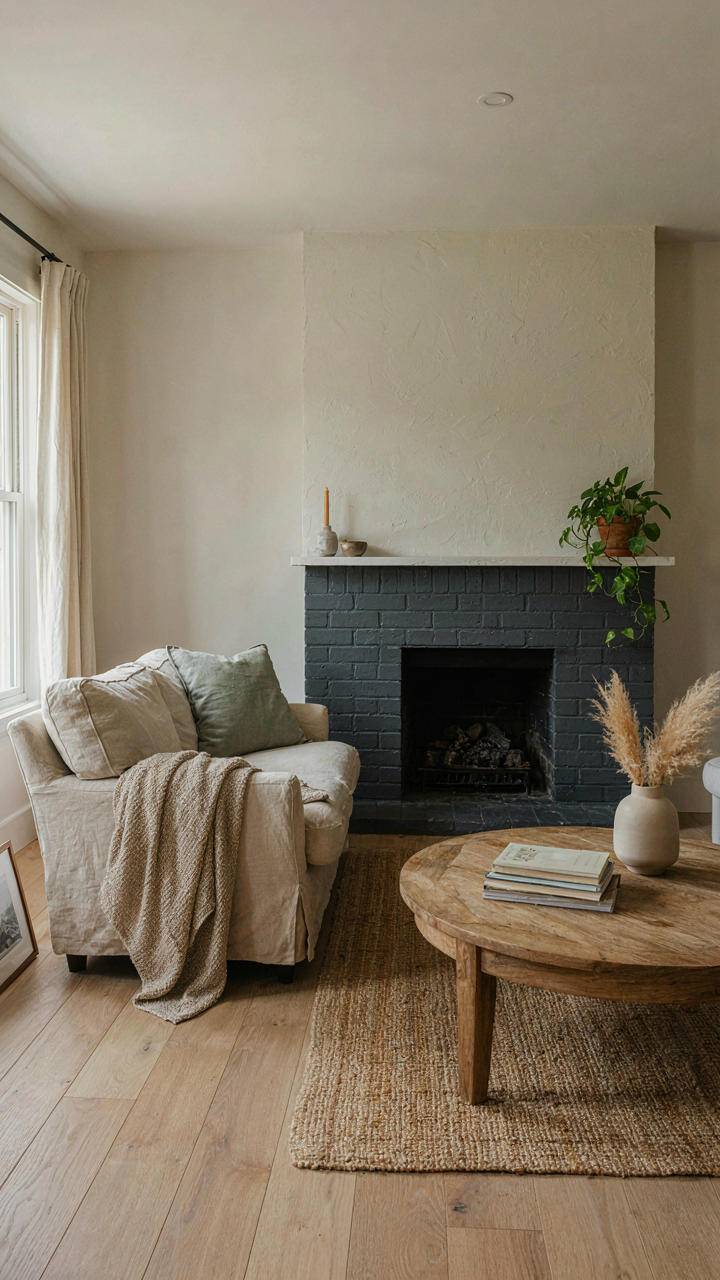 A farmhouse living room with light walls and a dark gray fireplace.