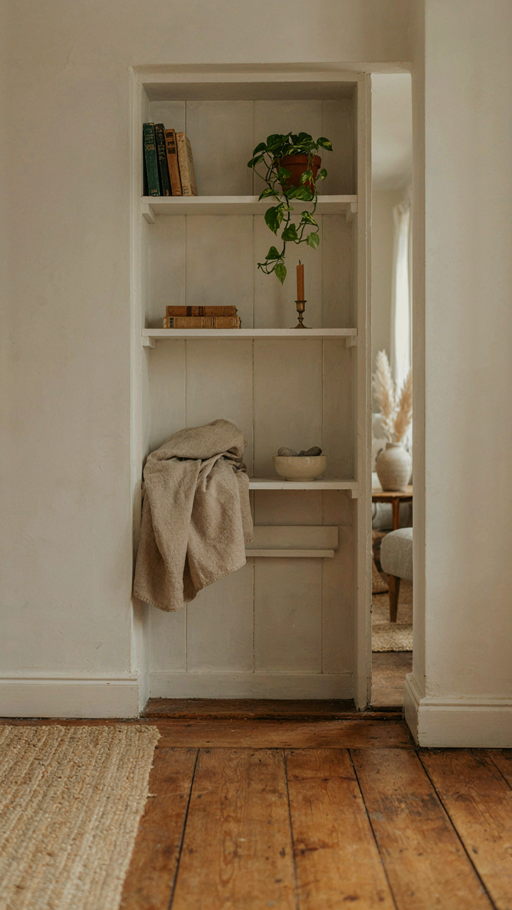 Shallow built-in shelving above a doorway in a cottage bungalow, holding books and decor.
