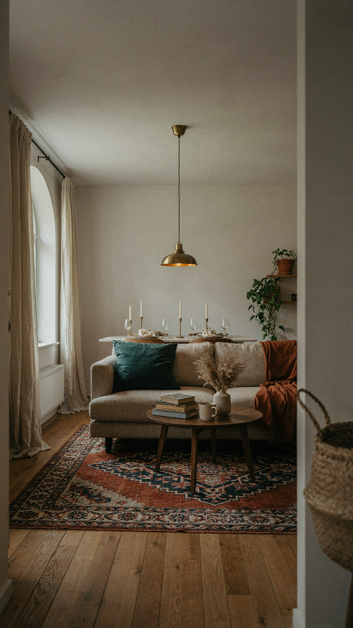 A patterned rug defines a seating area in a cozy living space.
