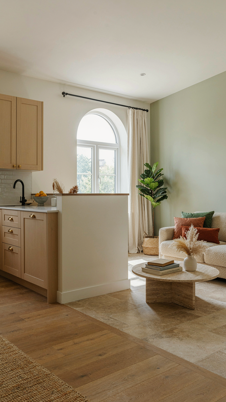 A half-wall and different flooring define zones in a chic small home.