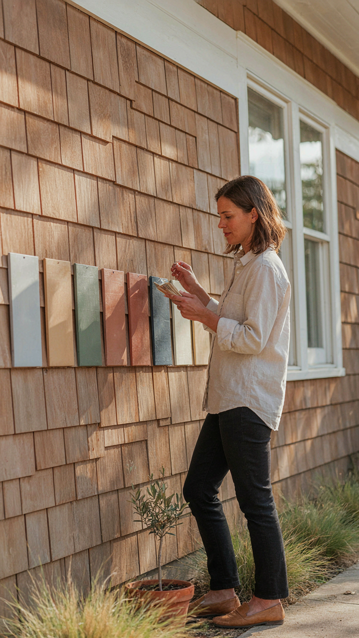 Paint samples on a craftsman home exterior, observed at different times of day.
