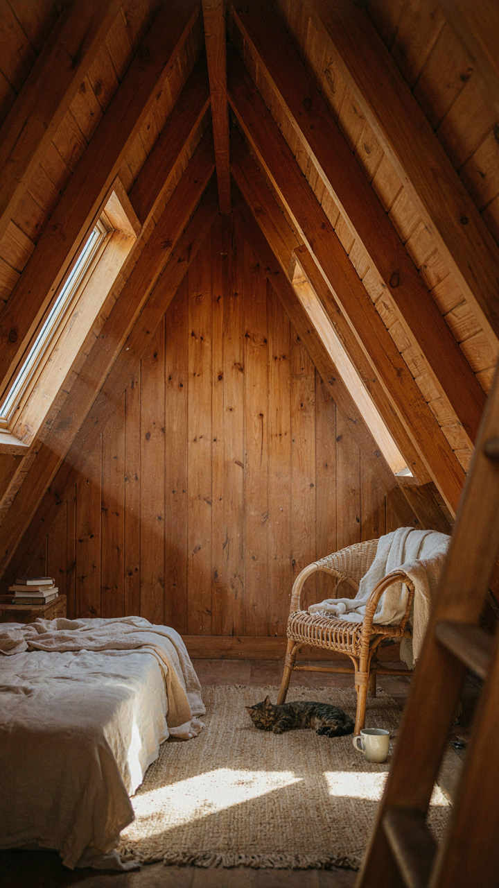 Sunlight streams through windows on opposing sloped walls of an A-frame cabin.