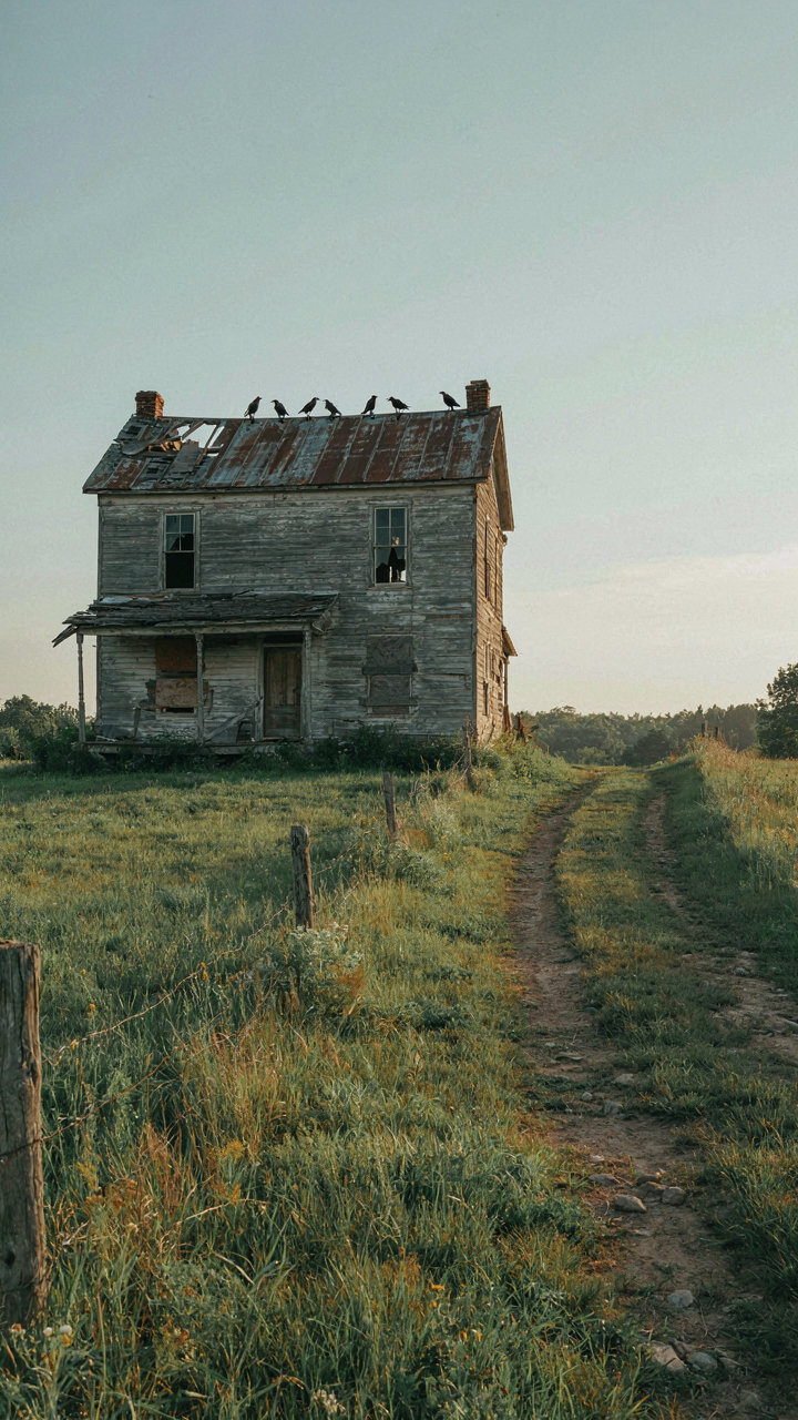 An abandoned farmhouse stands on a grassy hill, awaiting discovery.