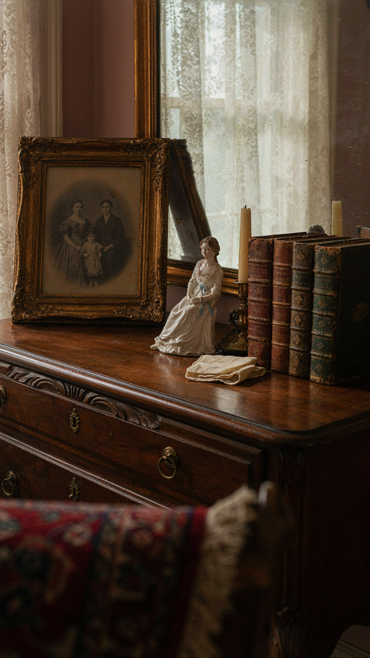 A curated display on an antique dresser, showing books, a portrait, and a figurine.