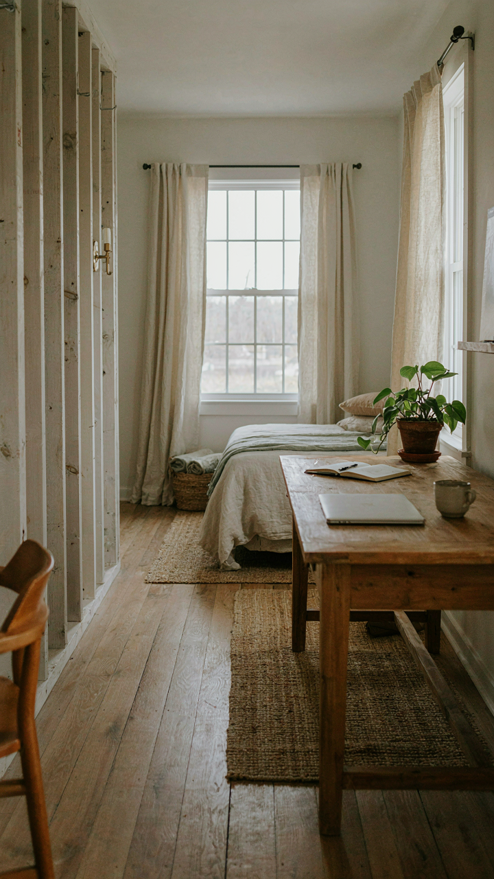A versatile bedroom in a farmhouse, half-walled off, set up as an office.