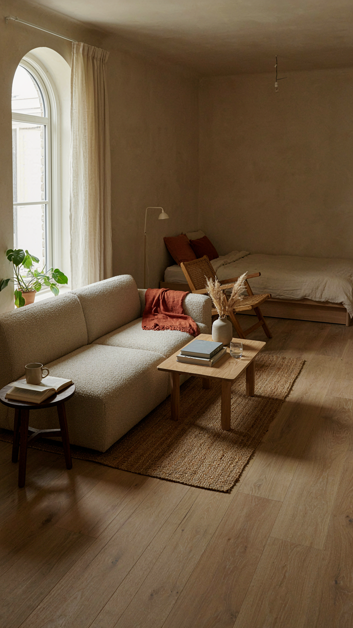 Modular furniture is easily rearranged in a small, adaptable guest house interior.