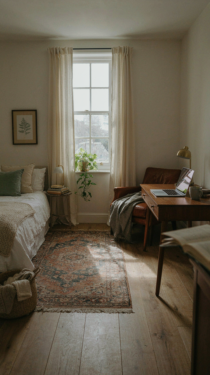A versatile second bedroom with a bed and a desk for a home office.