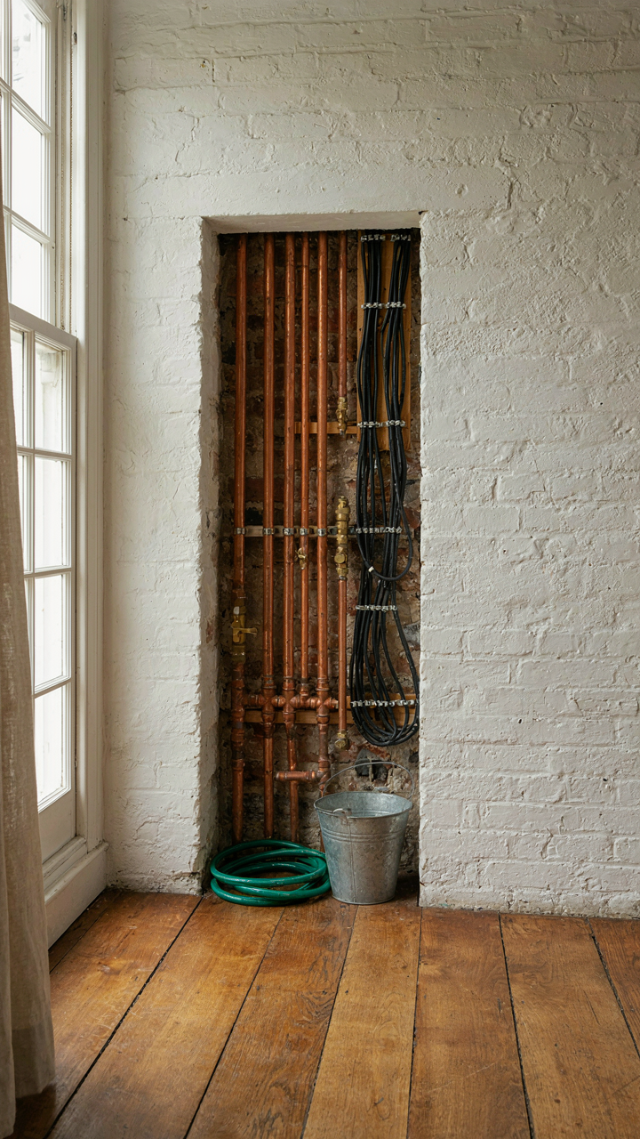 A compact utility core in a small cottage holds plumbing and electrical lines.