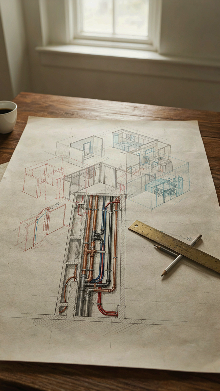 A detailed architectural drawing of vertical utility lines inside a wall.