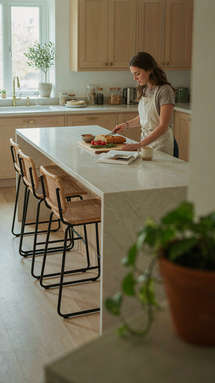 A kitchen island functions as both a cooking area and a dining table.