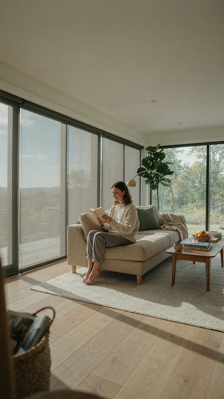 Modern open concept cottage living room with darkened smart glass windows.