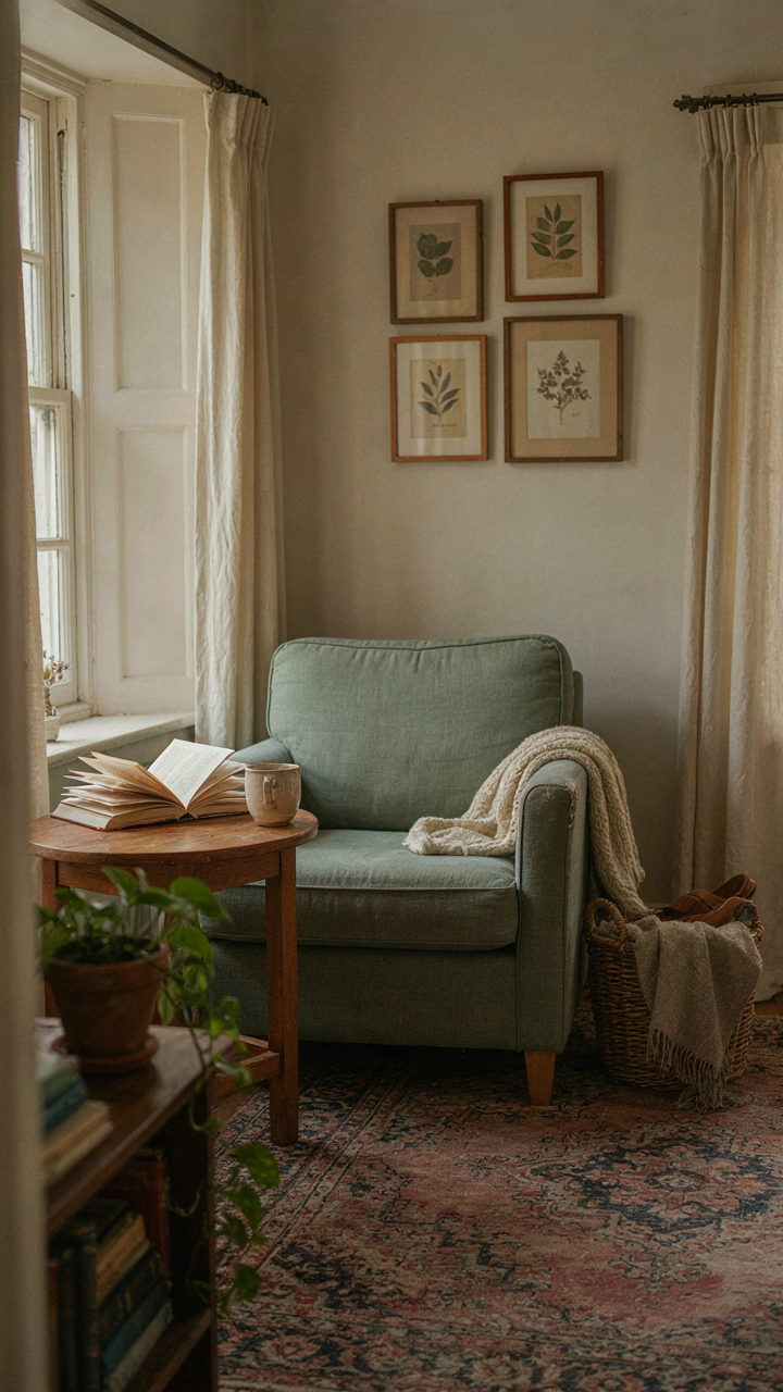 A side table sits conveniently next to an armchair, holding a book and a mug.