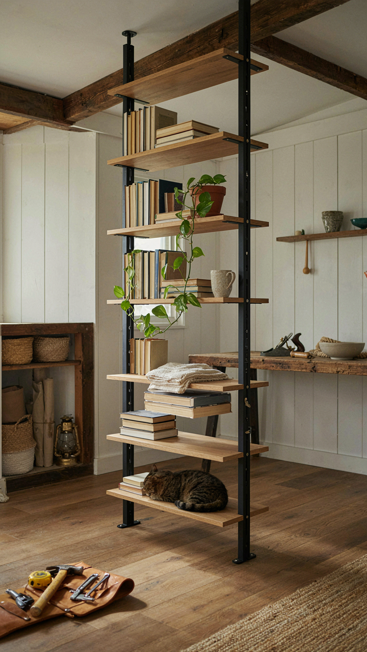 A farmhouse loft with flexible, adjustable built-in shelving designed for changing needs.